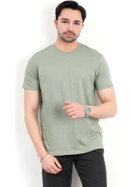 Erkek Bisiklet Yaka Basic %100 Pamuklu T-Shirt Yeşil - 25Y 2735