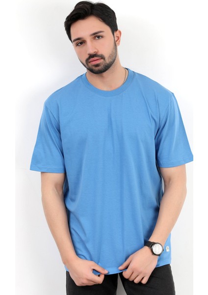 Erkek Bisiklet Yaka Basic Pamuklu T-Shirt Mavi - 2271