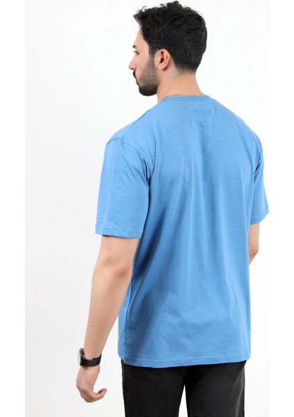 Erkek Bisiklet Yaka Basic Pamuklu T-Shirt Mavi - 2271