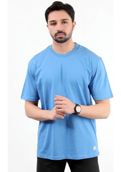 Erkek Bisiklet Yaka Basic Pamuklu T-Shirt Mavi - 2271