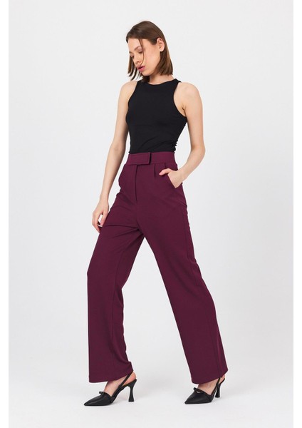 Bordo Beli Cırtlı Rahat Palazzo Pantolon 4055A