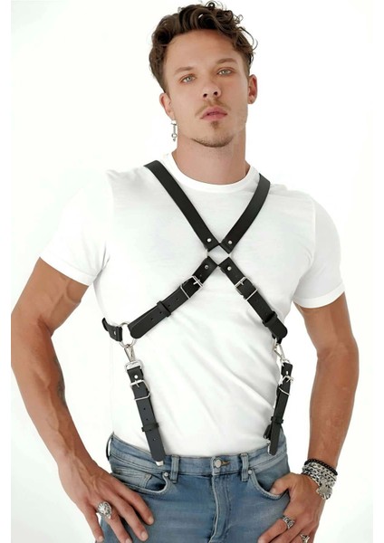 Göğüs Detaylı Arkadan Bağlamalı Erkek Deri Harness M fiyatları