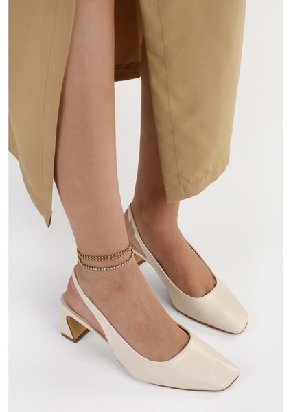 Kadın Vinte Ekru Cilt Küt Burunlu Stiletto