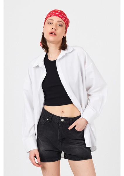 Beyaz Oversize Basic Uzun Gömlek 4664A