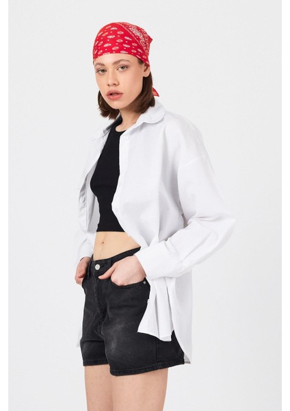 Beyaz Oversize Basic Uzun Gömlek 4664A