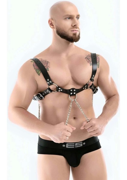 Zincir Detaylı Şık Erkek Deri Bulldog Göğüs Harness M