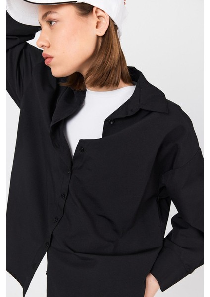 Siyah Oversize Basic Uzun Gömlek 4664A