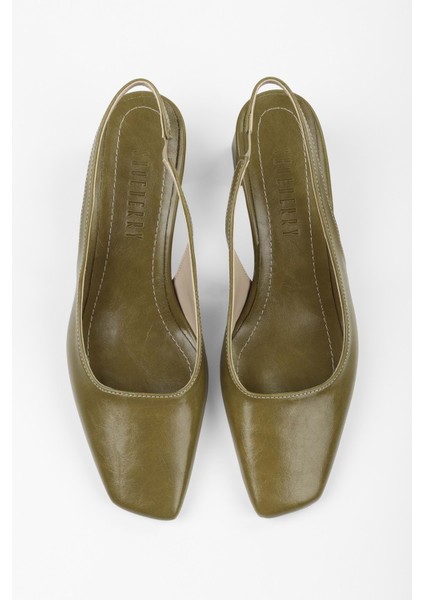 Kadın Vinte Yağ Yeşili Cilt Küt Burunlu Stiletto