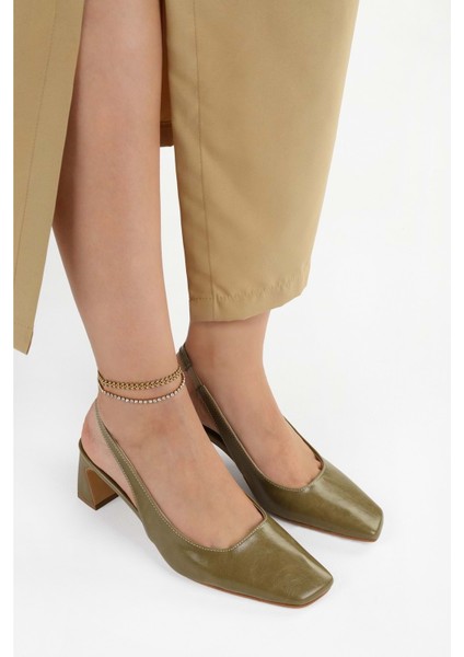 Kadın Vinte Yağ Yeşili Cilt Küt Burunlu Stiletto fırsatları