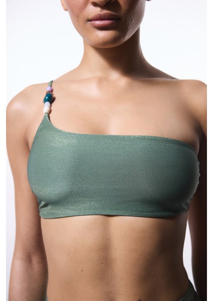 Yeşil Boncuklu Tek Omuz Bikini Üstü