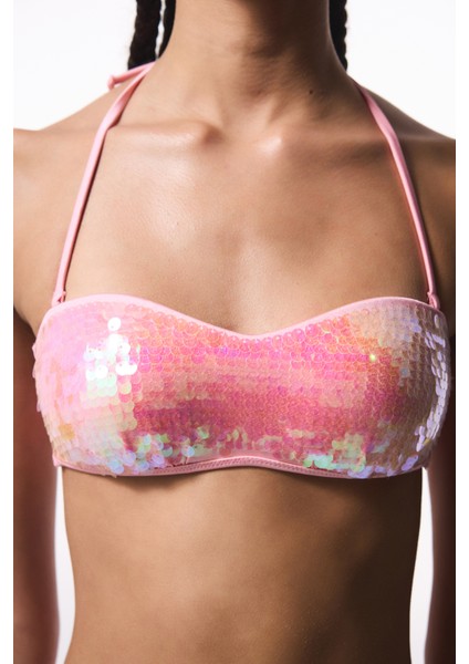 Sequin Pullu Pembe Straplez Bikini Üstü - Gamze Erçel Koleksiyonu