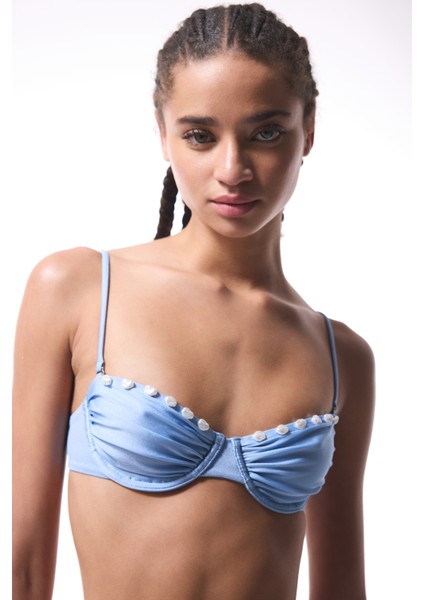 Seashell Boncuklu Mavi Balenli Bikini Üstü - Gamze Erçel Koleksiyonu