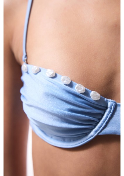 Seashell Boncuklu Mavi Balenli Bikini Üstü - Gamze Erçel Koleksiyonu