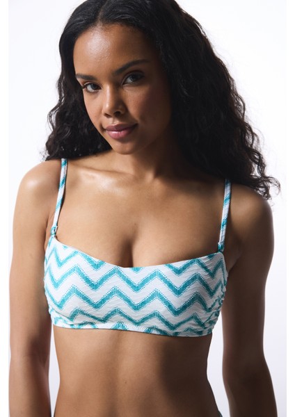 Yeşil Zigzag Straplez Balenli Bikini Üstü