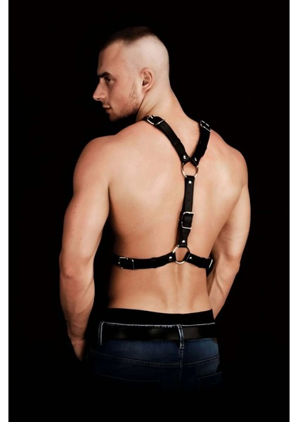 Perçin Detaylı Şık Deri Erkek Göğüs Harness M