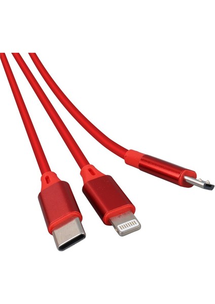 Powermaster 3 In 1 Kırmızı Şarj Data Kablosu Makaralı Type-C Micro Lightning Iphone Şarj Kablo