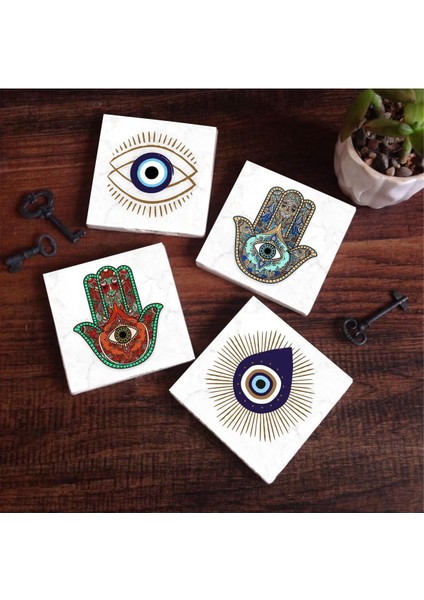 Nazar, Fatma Ana Eli (Hamsa) Taş Bardak Altlığı Seti - 4 Parça - Dekoratif, Rustik Mutfak Aksesuarı, 10X10 Cm, Kaydırmaz Tabanlı, Şık ve Dayanıklı SC403
