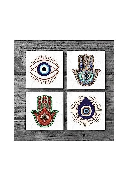 Nazar, Fatma Ana Eli (Hamsa) Taş Bardak Altlığı Seti - 4 Parça - Dekoratif, Rustik Mutfak Aksesuarı, 10X10 Cm, Kaydırmaz Tabanlı, Şık ve Dayanıklı SC403
