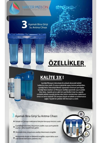 Daire Bina Sayaç Girişi 10" Inc 3 Aşama Su Arıtma Cihazı ( Kireç Önleyici Yumuşatma Sistemi )