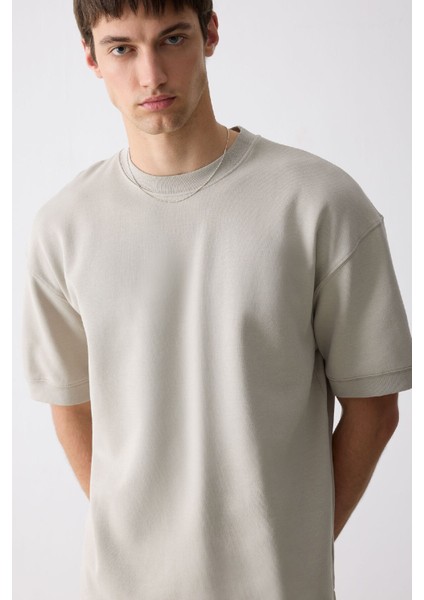 Loose Fit Bisiklet Yaka Kısa Kollu Ağır Kumaş Basic Düz Tişört B4844AX25SP