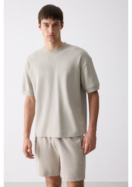 Loose Fit Bisiklet Yaka Kısa Kollu Ağır Kumaş Basic Düz Tişört B4844AX25SP