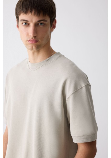 Loose Fit Bisiklet Yaka Kısa Kollu Ağır Kumaş Basic Düz Tişört B4844AX25SP