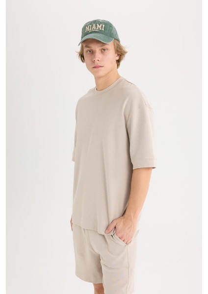 Loose Fit Bisiklet Yaka Kısa Kollu Ağır Kumaş Basic Düz Tişört B4844AX25SP