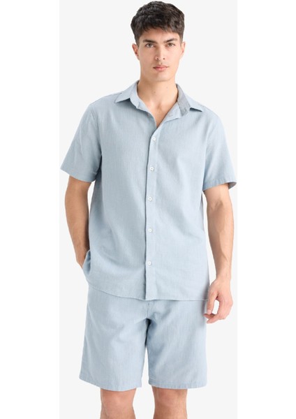%100 Pamuk Relax Fit Cepli Keten Görünümlü Bermuda Şort C7381AX25SM