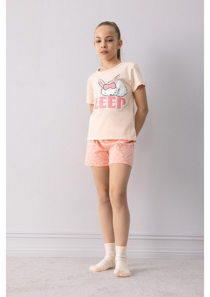Kız Çocuk Pijama Takımı Baskılı Kısa Kollu Üst Beli Lastikli Şort E6227A825HS