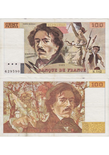 Fransa 100 Frank 1989 Pick 154D Çok Çok Temiz Kondisyon.