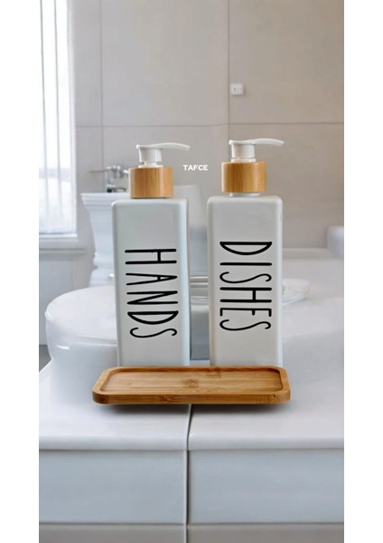 2'li Bambu Altlıklı Beyaz Cam Hands / Dishes Sabunluk Seti