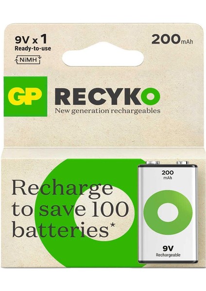Batteries Recyko 200 Mah 9V Boy Ni-Mh Şarjlı Pil Tekli Paket