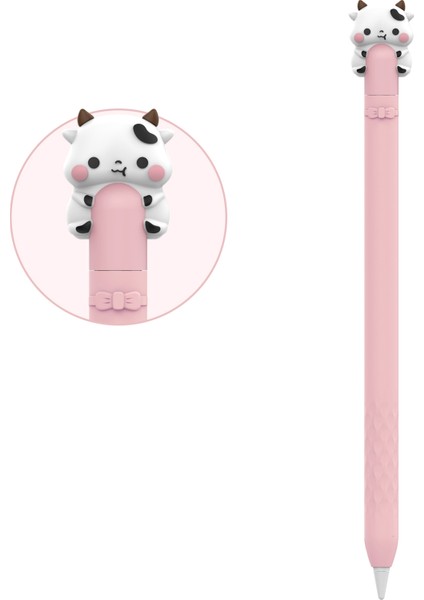 Ahastyle PT129-1 Apple Pencil (1. Nesil) Stylus Kalem Kapağı Karikatür Hayvan Silikon Koruyucu Kılıf-Pembe Inek (Yurt Dışından)