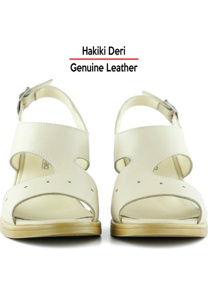 Ofelia Bej Hakiki Deri Delik Detaylı Tokalı Topuklu Sandalet