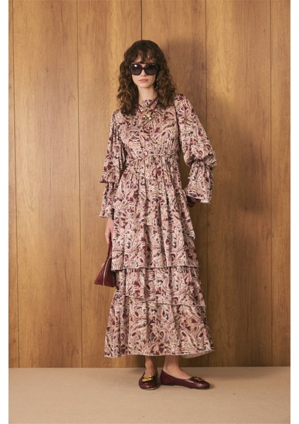 Katlı Bohem Elbise Burgonya