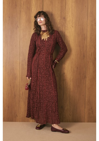Biyeli Premium Dantel Elbise Bordo