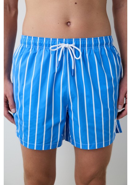 Blue Thick Çizgili Orta Bel Erkek Şort