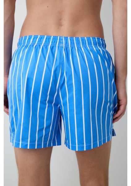 Blue Thick Çizgili Orta Bel Erkek Şort
