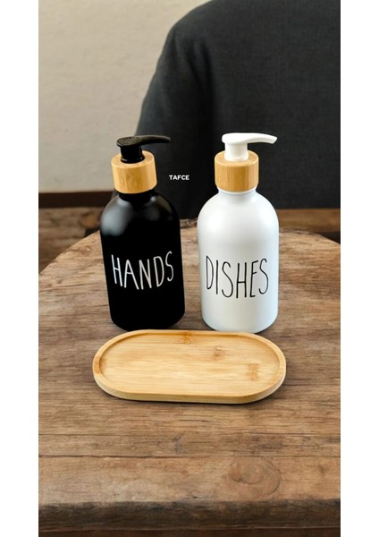 2 Li Siyah-Beyaz Mutfak Sıvı Sabunluk Seti 500ML 500ML Bambu Tepsili