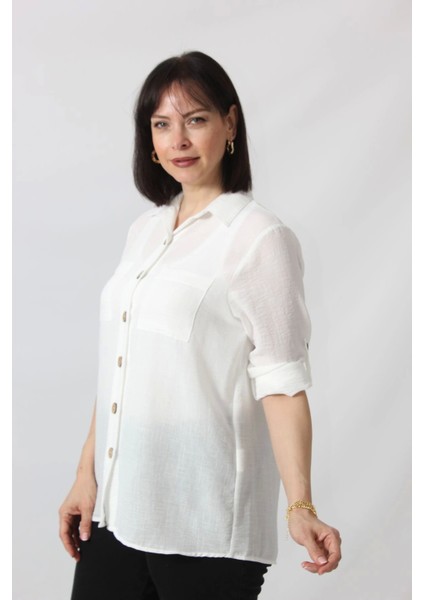 BB-077 Beyaz Pamuk Keten Kolu Apoletli Iki Cepli Kadın Büyük Beden Gömlek