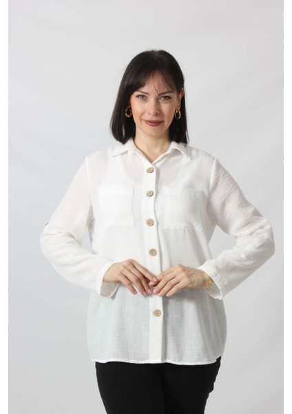 BB-077 Beyaz Pamuk Keten Kolu Apoletli Iki Cepli Kadın Büyük Beden Gömlek fiyatları