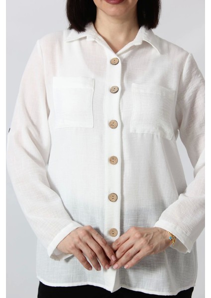 BB-077 Beyaz Pamuk Keten Kolu Apoletli Iki Cepli Kadın Büyük Beden Gömlek modelleri