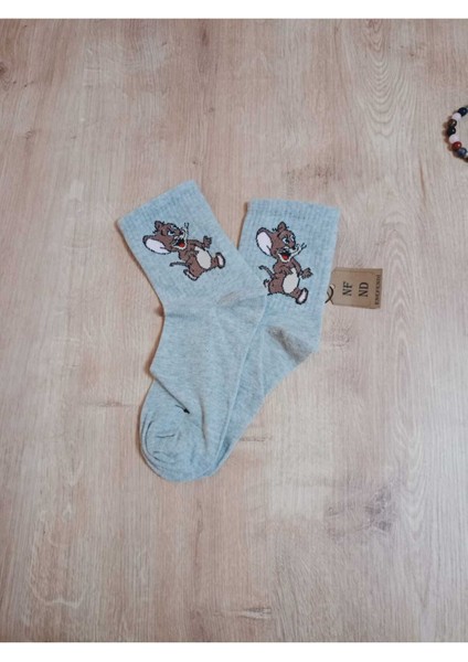 Jerry Hayvan Desenli Pamuklu Çorap Arakonç Kadın Gri Soket Dikişsiz Çorap 36-40 modelleri
