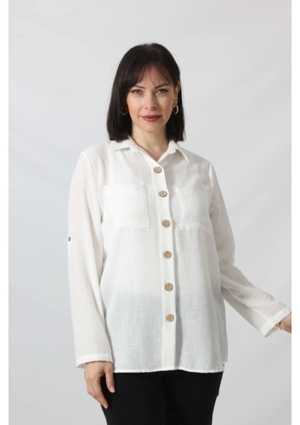 BB-077 Beyaz Pamuk Keten Kolu Apoletli Iki Cepli Kadın Büyük Beden Gömlek fırsatları