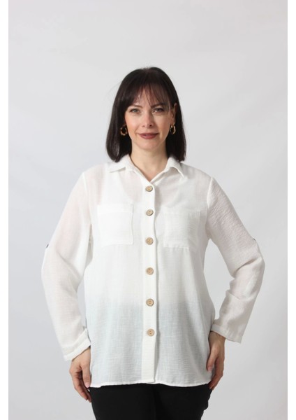 BB-077 Beyaz Pamuk Keten Kolu Apoletli Iki Cepli Kadın Büyük Beden Gömlek indirimleri