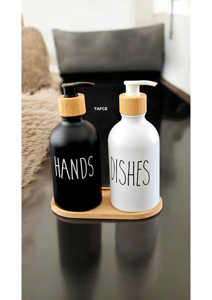 2 Li Siyah-Beyaz Mutfak Sıvı Sabunluk Seti 500ML 500ML Bambu Tepsili