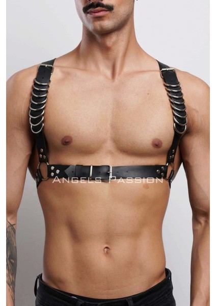 D Halka Detaylı Şık Erkek Göğüs Harness, Erkek Deri Tshirt Aksesuar M