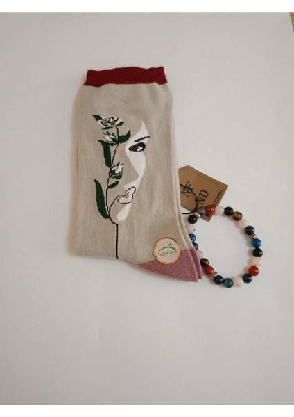 Dikişsiz Bambu Çorabı Kadın Yüzü Desenli Gribeyaz Yumuşak Kadın Çorap 36-40