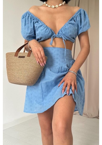 Mavi Brode Crop ve Mini Etek Takım