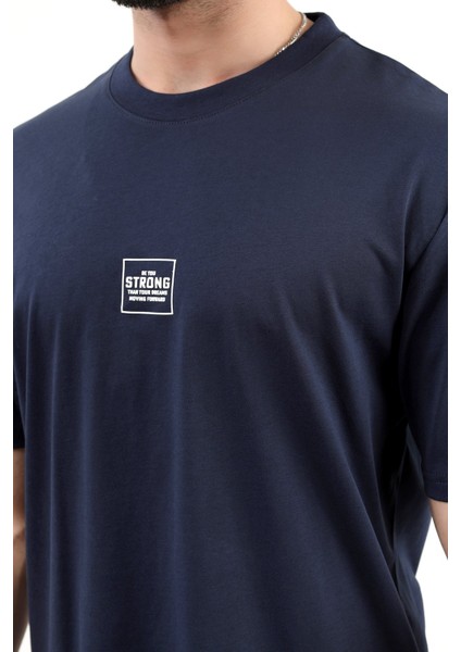 Erkek Bisiklet Yaka Strong Baskılı Pamuklu T-Shirt Lacivert - 2271-3